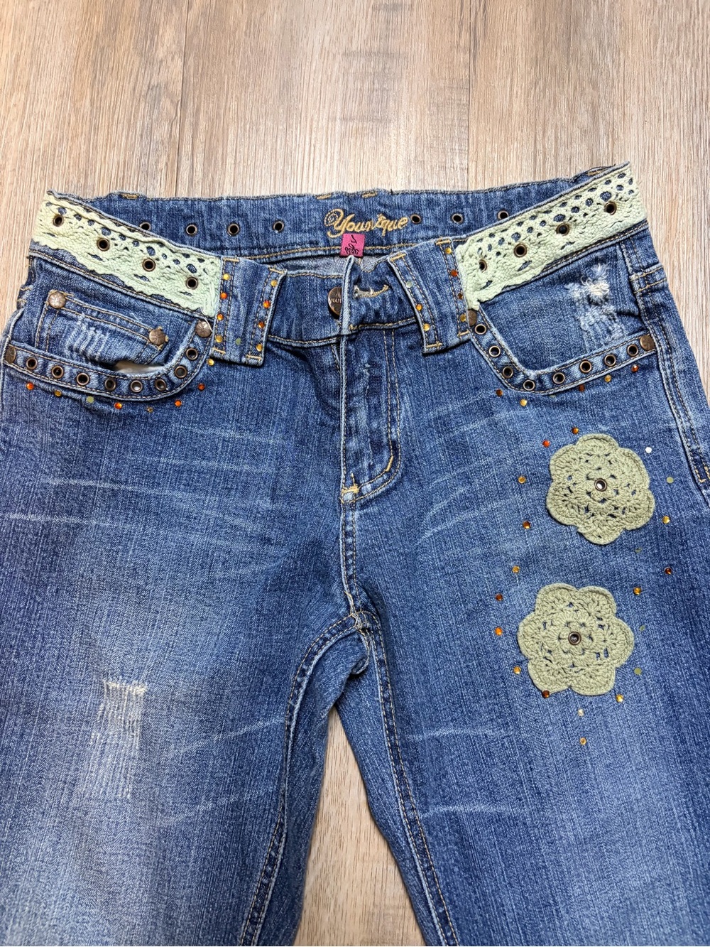 Younique Vintage Blue Denim Jeans with Sage Crochet Floral Accents